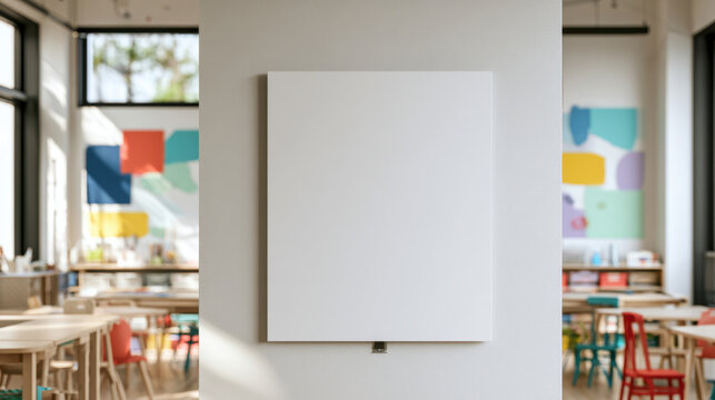 Blank vertical poster mockup mounted on a wall in a bright modern classroom, providing copy space for educational artwork, school announcements and printable designs
