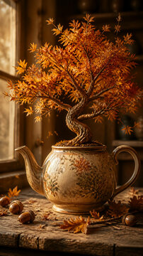 Antique teapot with a twisted autumn bonsai tree growing from its top, surrounded by acorns &mdash; a whimsical autumn 2026 concept.