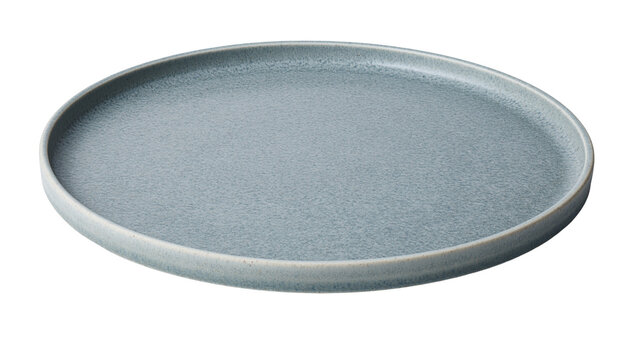 Isolated rustic blue-grey stoneware plate with a textured finish and irregular rim