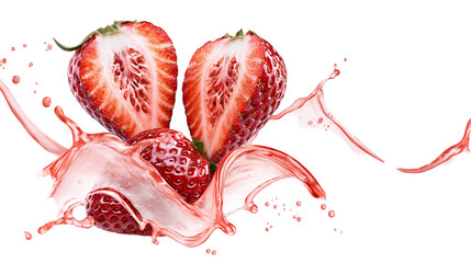 Isolated fresh strawberries, whole and halved, with vibrant red juice splashes and flying droplets © Ioana