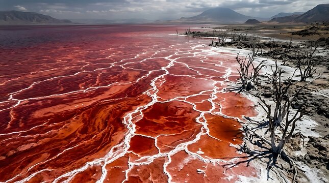 Surreal red salt lake with white mineral patterns, dramatic crimson water landscape, dead trees on salt crust shore
