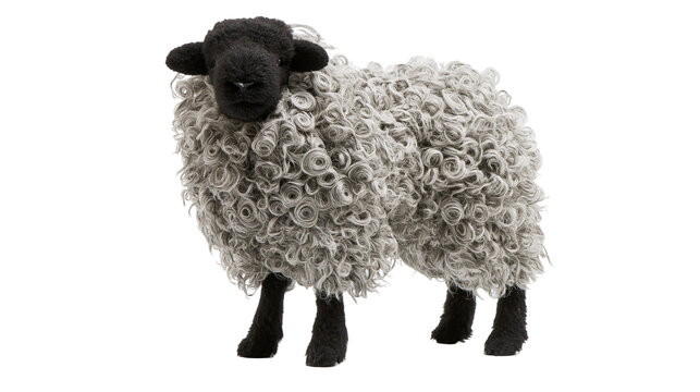Isolated charming decorative sheep figure with black face, intricate curly gray coat