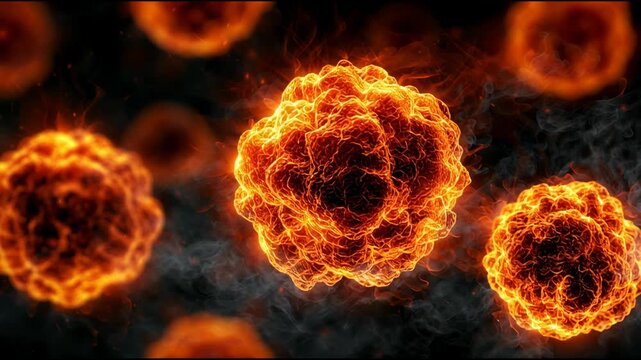 Bright fireballs move around in dark space. They create a powerful visual display with smoke and light effects throughout the view.