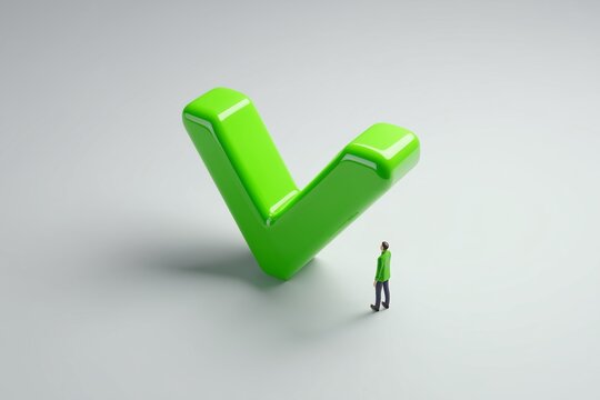 Isometric view of a large glossy green check mark with a tiny figure beside it, approval and success concept, 3D illustration