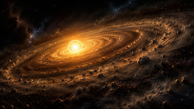 Young glowing star surrounded by a massive protoplanetary disk filled with cosmic dust, gas and rocky material.