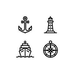 Fototapeta premium Set of nautical icons featuring anchor, lighthouse, ship and compass for marine design.