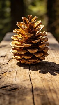 pine cone perfectly centered on a wooden surface, soft natural light, detailed scales and texture, calm forest mood, negative space surrounding the pine cone