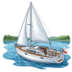 Fototapeta premium A white sailboat navigating calm blue waters with green hills in the background and a Polish flag