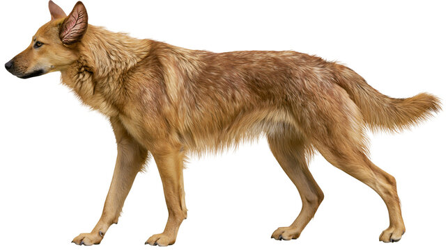 Isolated domestic dog standing in profile, attentive light brown animal looking to the left.