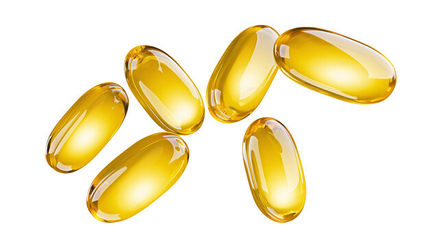 Isolated yellow transparent oval softgel capsules, omega-3 or vitamin D supplements