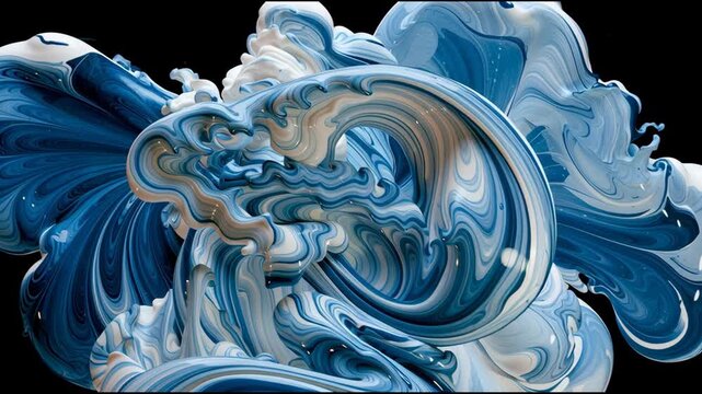 Colors swirl and blend in deep blue water as paint moves like clouds in an artistic formation. The process shows unique patterns and shifts.