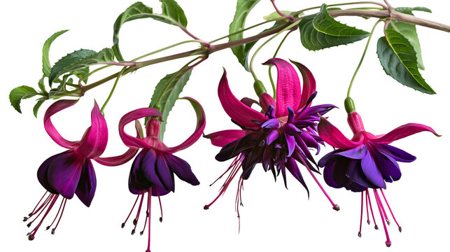 Isolated blooming fuchsia flowers branch with vibrant pink magenta and deep purple petals