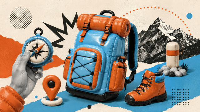 image.pngInflatable blue and orange hiking backpack with a boot compass location pin and torn paper mountains on a beige collage background