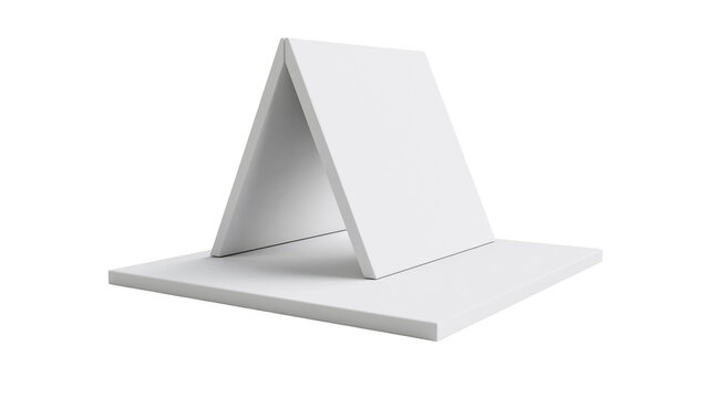 Isolated clean white rectangular geometric shapes forming a minimalist tent display stand structure