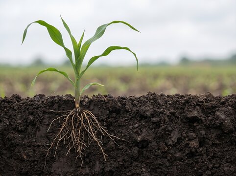 Young maize plant with roots exposed in dark soil