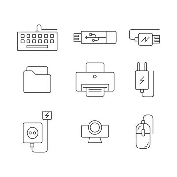 Computer peripherals thin line icons collection for technology hardware setup