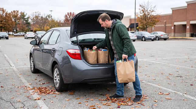 Man loading grocery bags into car trunk in parking lot