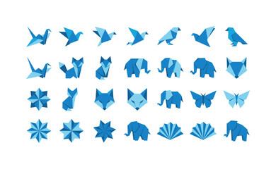 Naklejka premium Collection of blue origami animal icons in geometric style