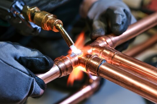 Plumber soldering copper pipes with gas torch