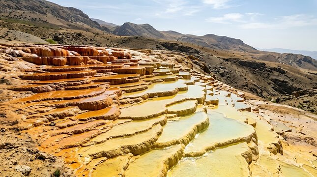 Travertine terrace pools with mineral water, orange limestone thermal springs, natural geological formations in mountain landscape