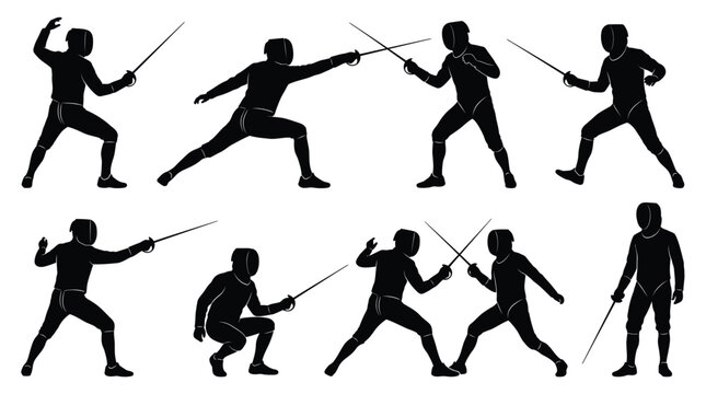 Fencing athletes in action poses showing different sword fighting maneuvers on a clean white background backdrop