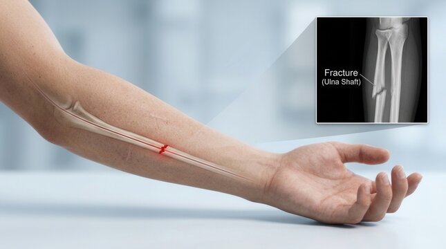 Medical Illustration Of An Ulna Shaft Fracture With X-Ray Confirmation