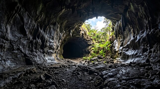 Natural limestone cave entrance, dark cavern interior with rocky ground, scenic underground grotto opening to lush green jungle