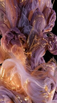 Gold ink and purple colors blend together in dark water, showing gentle movements and shapes. This captivating process unfolds over time.