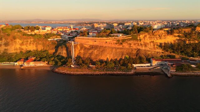 Aerial Drone Pulling Back from Boca do Vento Elevator in Almada Lisbon