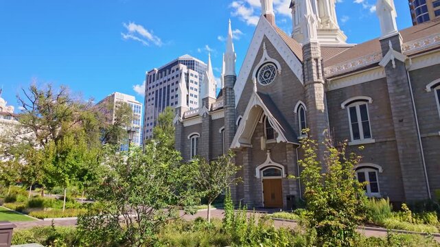 Assembly Hall building stands as a historic landmark at Temple Square in Salt Lake City