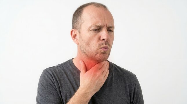 Man With Sore Throat Experiencing Discomfort And Pain On White Background
