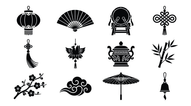 Traditional chinese cultural icons set featuring black silhouettes of festive holiday symbols on white background area