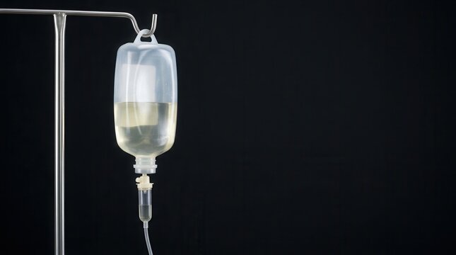 Medical Infusion Bag Hanging On A Stand Against A Dark Background