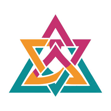 Minimalist symmetrical triple interlocking triangle knot with clean geometric lines on a white background, abstract design concept