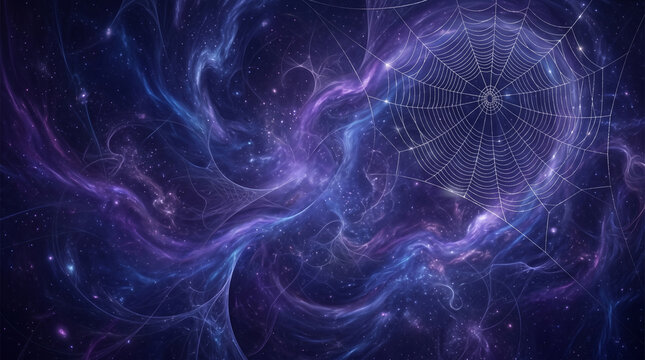 Cosmic nebula with a delicate spiderweb pattern, representing mystery, expanse, and the intricate connections within the universe, suitable for fantasy or sci-fi themes.