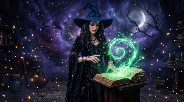A woman in a witch hat performs magic over an open book, surrounded by a mystical starry night and glowing orbs, symbolizing fantasy and enchantment