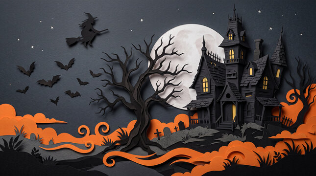 Paper cut scene of a haunted house, witch, bats, and a moon on a dark, starry night, symbolizing Halloween and autumn festivity