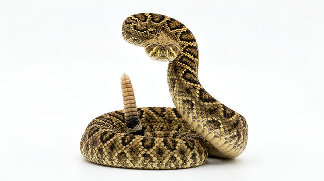 Venomous brown yellow patterned rattlesnake coiled alert posture, head facing camera black tongue flicking, rattle tail raised, sharp aggressive eyes, isolated clean white background