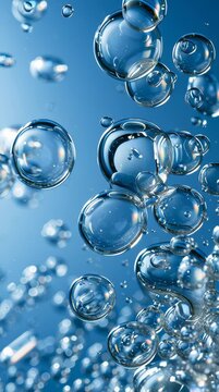 Droplets are slowly floating in blue water while showing rainbow colors. The sunlight hits them creating beautiful refraction effects.