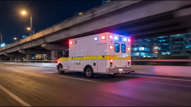 Emergency Ambulance Speeding on a City Highway at Night Showcasing Urgency and Rapid Response Medical Transport