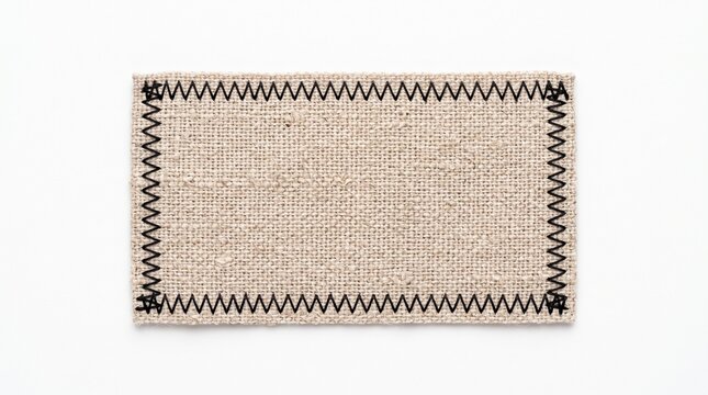 Rectangular linen fabric swatch with black zigzag stitching