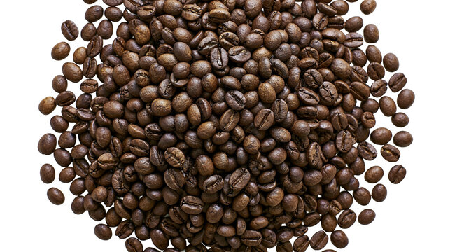 Isolated roasted coffee beans pile, dark brown seeds, gourmet beverage ingredient.