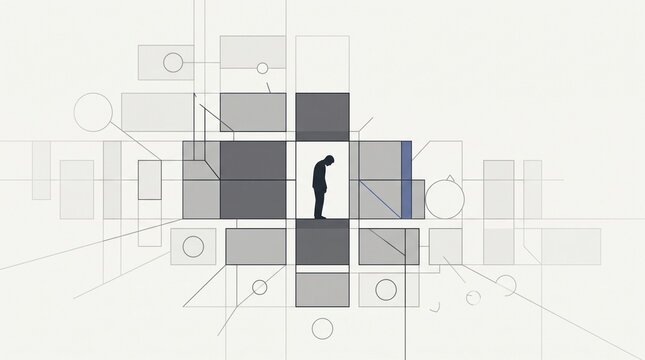 Solitary bowed silhouette enclosed by abstract geometric grid, minimalist conceptual illustration of grief, isolation, depression, emotional confinement, loneliness, loss and introspection
