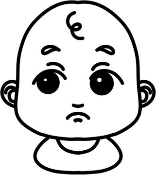 Thinking baby face icon with a hesitant undecided expression, hand drawn line art sticker