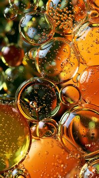 Bubbles float in water, showcasing vibrant colors and unique shapes. The close view highlights the details of water and bubbles.