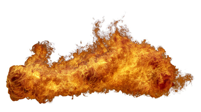 Isolated powerful horizontal fire blast with vibrant orange and red flames and heat effect