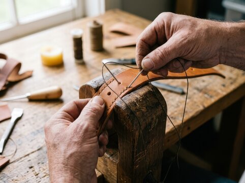 Leathercraft Artisan Hands Saddle Stitching Vegetable Tanned Leather with Waxed Linen Thread on Stitching Pony
