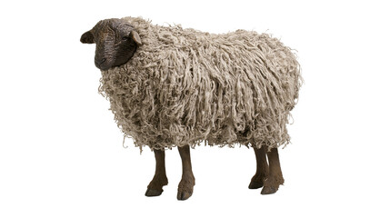 Isolated standing sheep figurine with shaggy, matted wool and dark textured head and legs © Vincent