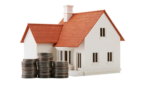 Isolated small house model with stacked shiny coins concept for real estate finance planning