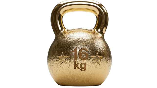 Isolated shiny golden 16 kg kettlebell for strength training and intense gym fitness workout